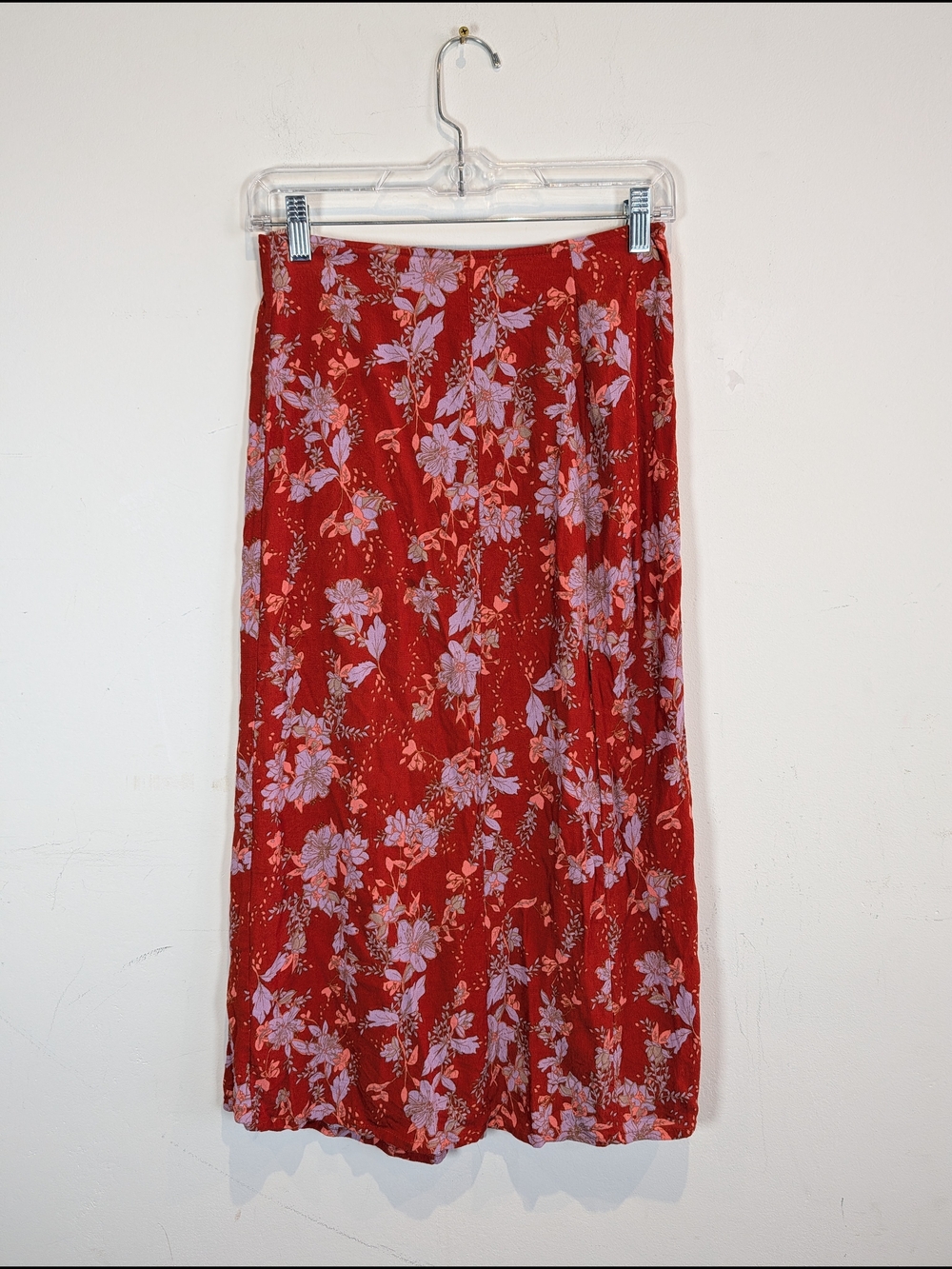 Free People Floral Button-Front Midi Skirt in Red with Lilac Accents - Picture 3 of 5